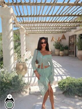 Sheer Ruffle Tie-Front Crop Top & Skirt Set - Sage Green